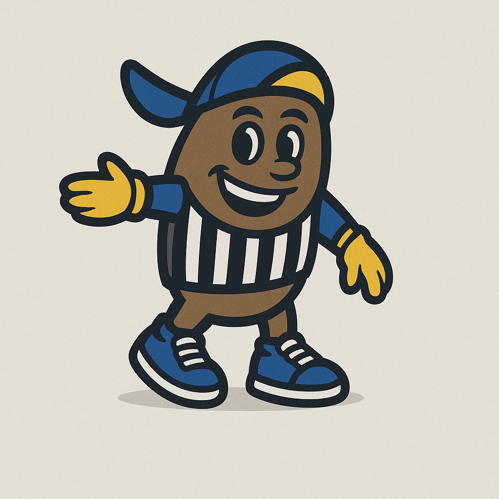 OIG bean mascot wearing a blue and yellow cap and referee jersey
