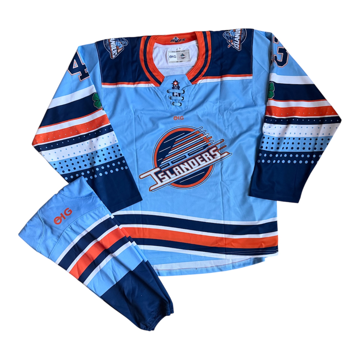 Light blue, navy and orange Islanders club game weight jersey with matching hockey sock