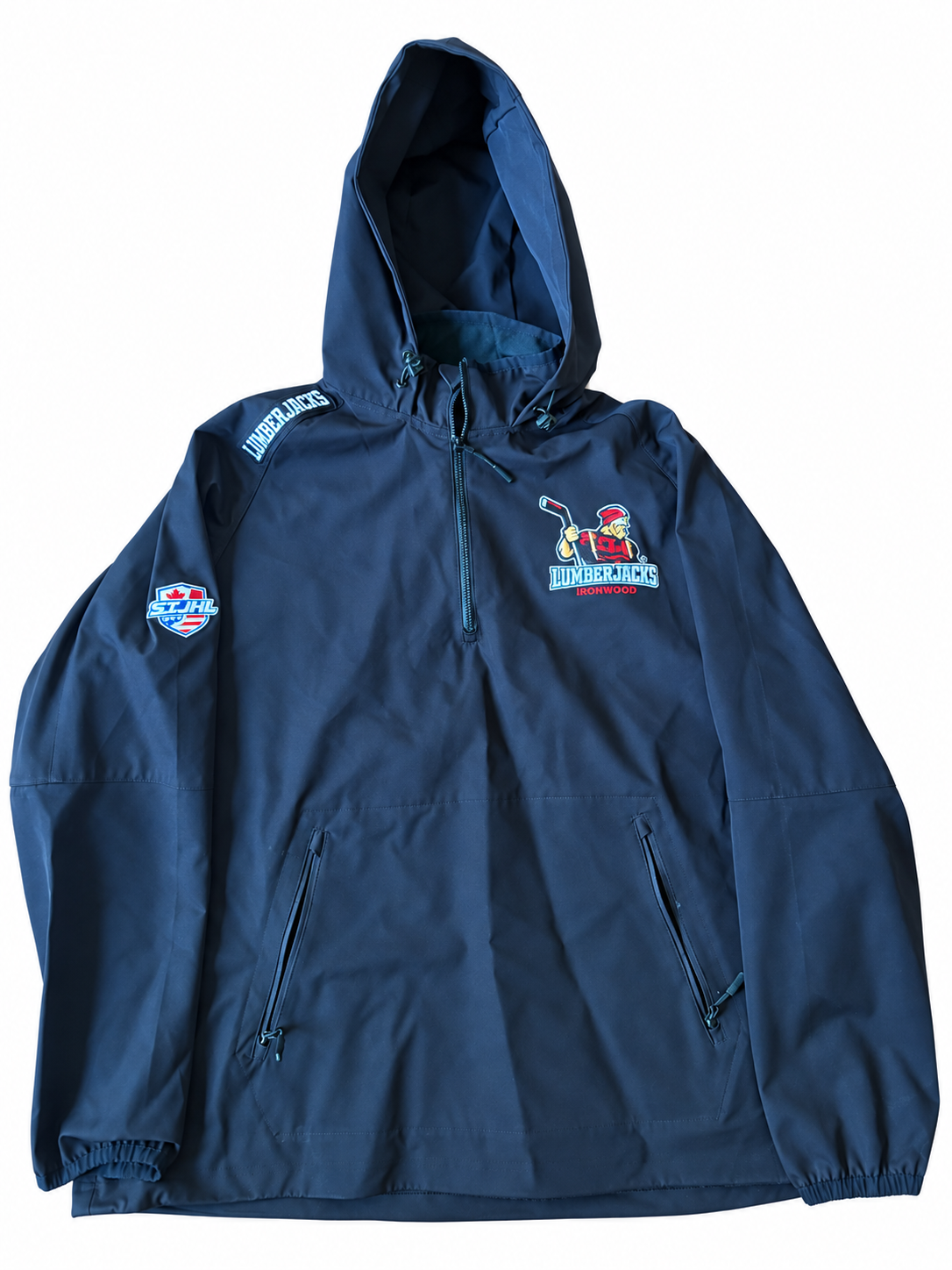 Navy hooded Ironwood Lumberjacks anorak jacket with team embroidery and zip pockets on a white background