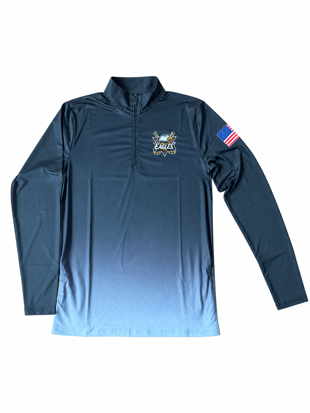 Navy to light blue custom dry-fit quarter zip with Eagles chest logo and American flag sleeve detail on a white background
