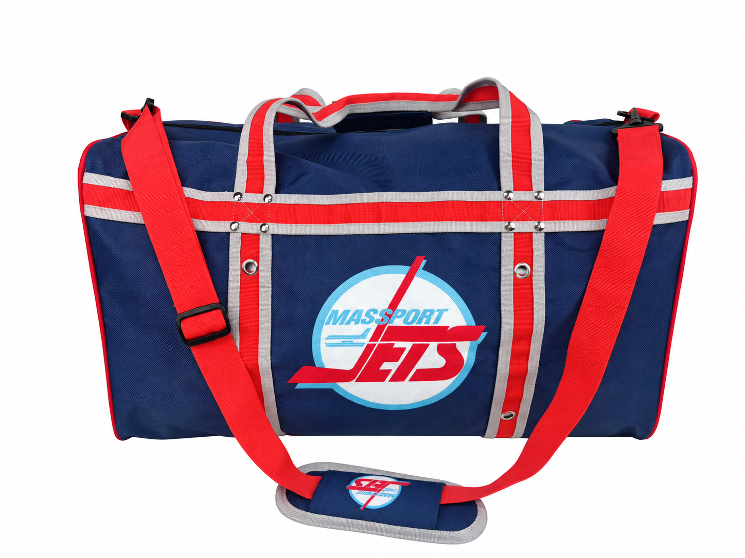 Navy Massport Jets custom duffel bag with red straps and gray trim