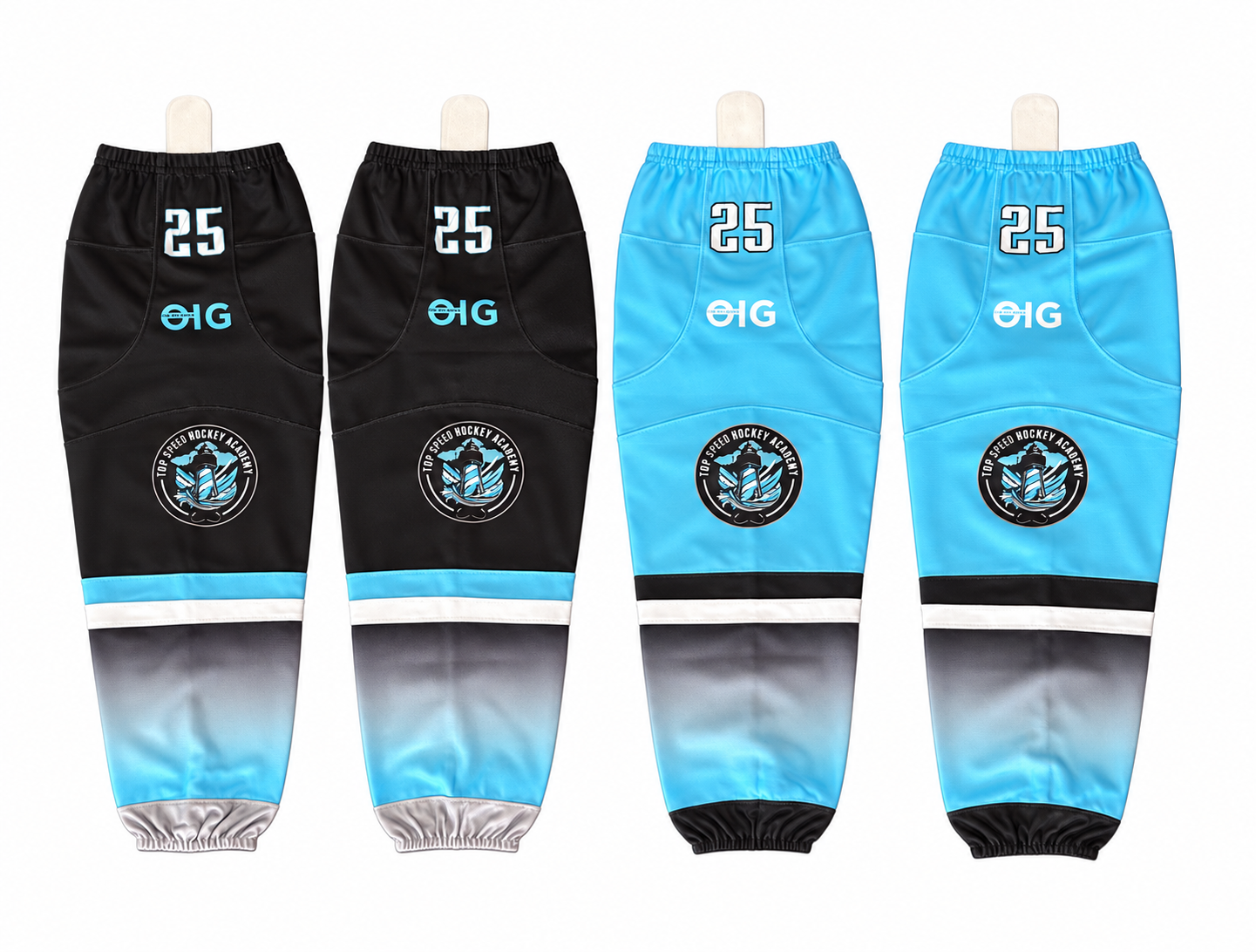 Black and light blue custom hockey socks with team crests and player number 25 on a white background