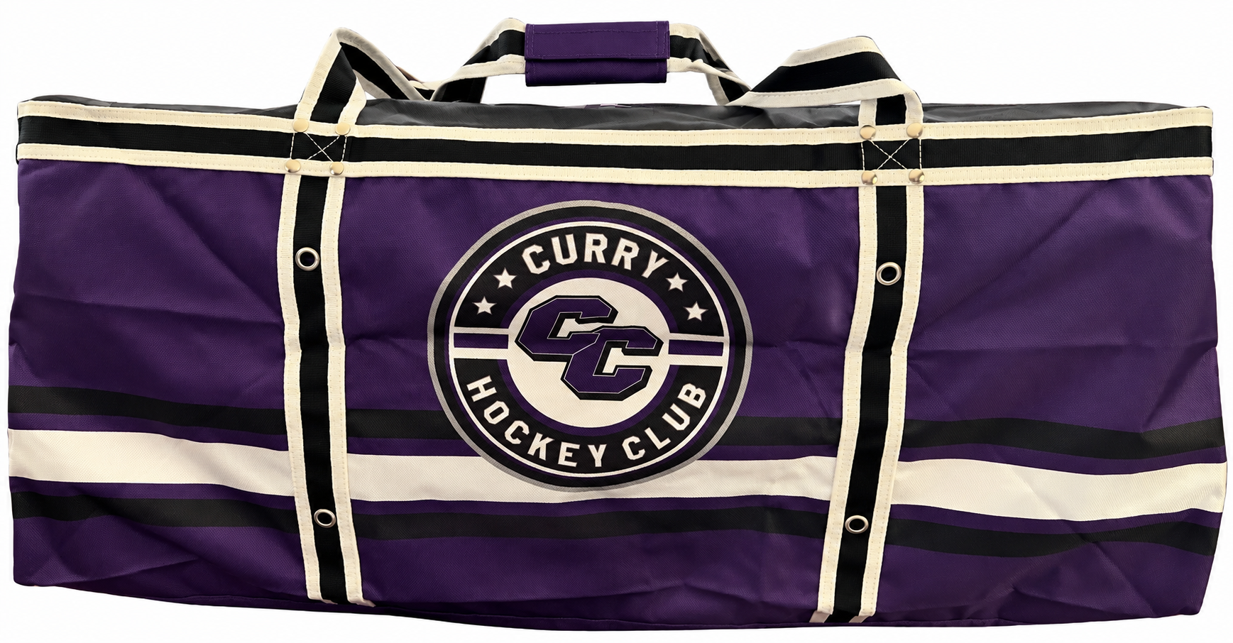 Purple, black, and cream Curry Hockey Club equipment bag on a white background