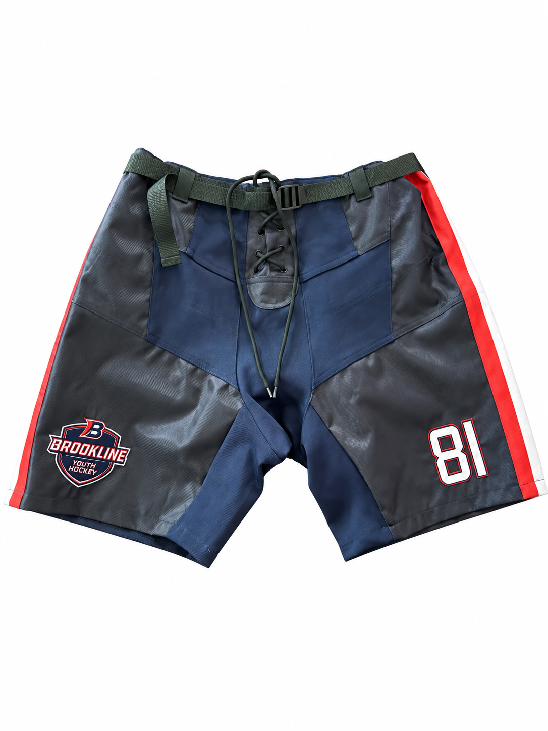 Navy Brookline Youth Hockey shells with red and white stripes and number 81 on a white background
