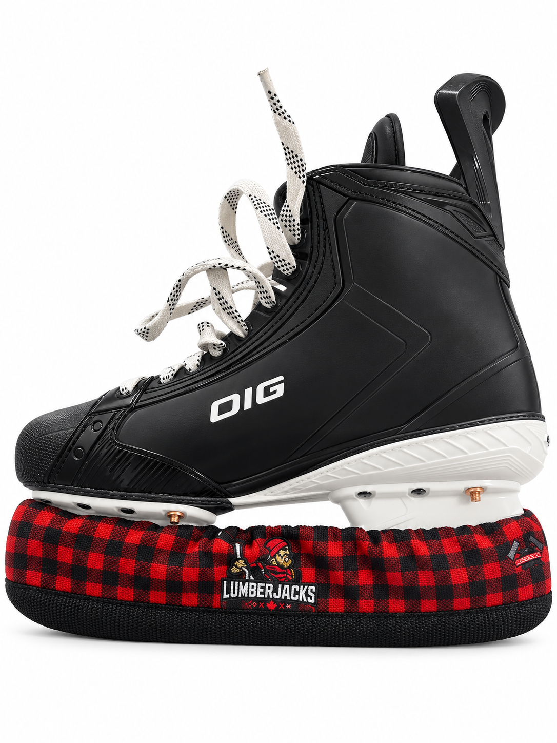 Red and black plaid Lumberjacks fabric skate guard displayed on a plain black skate with OIG lettering against a white background