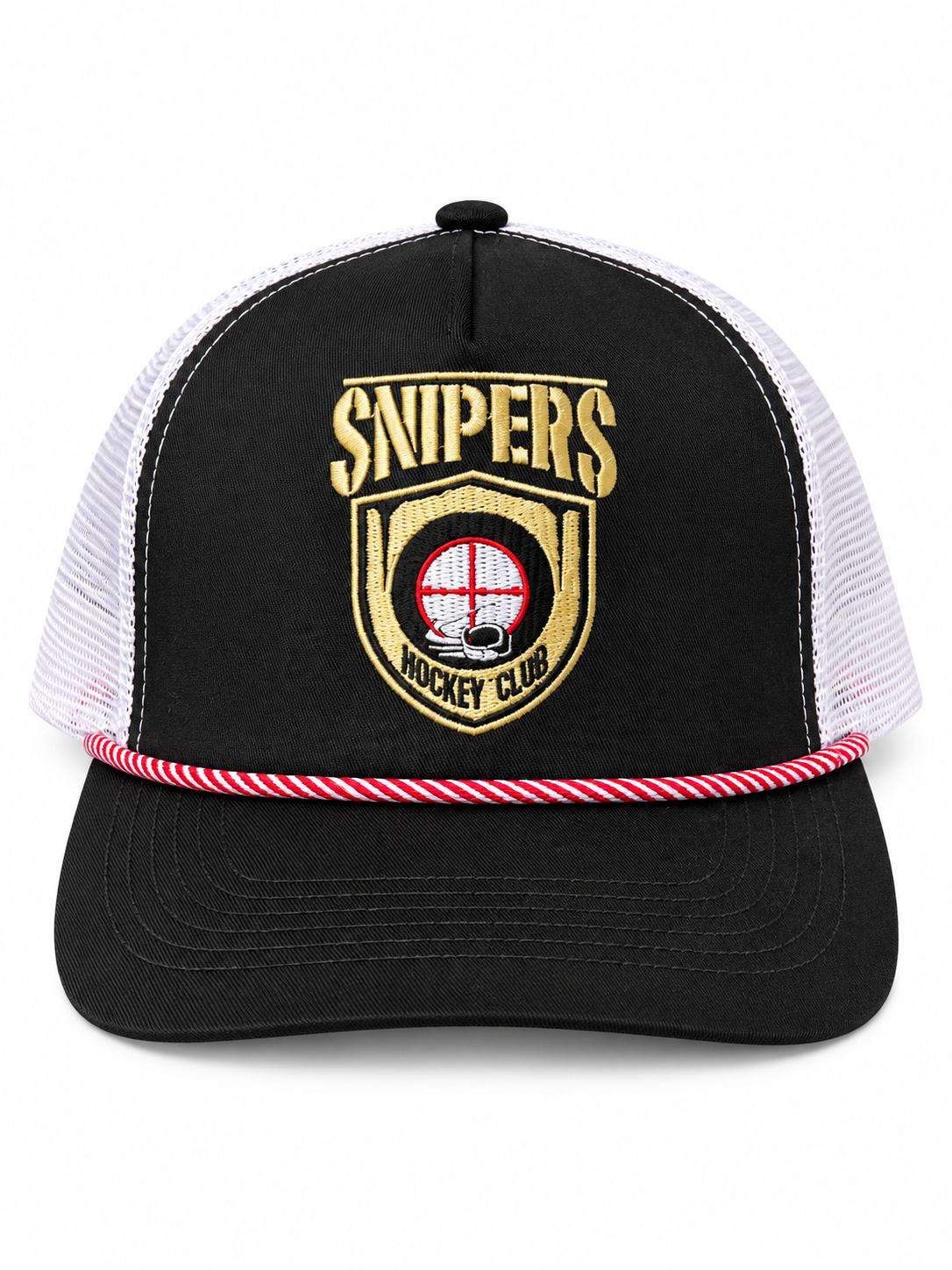 Black and white Snipers Hockey Club snapback hat with embroidered crest and red and white rope trim on a white background