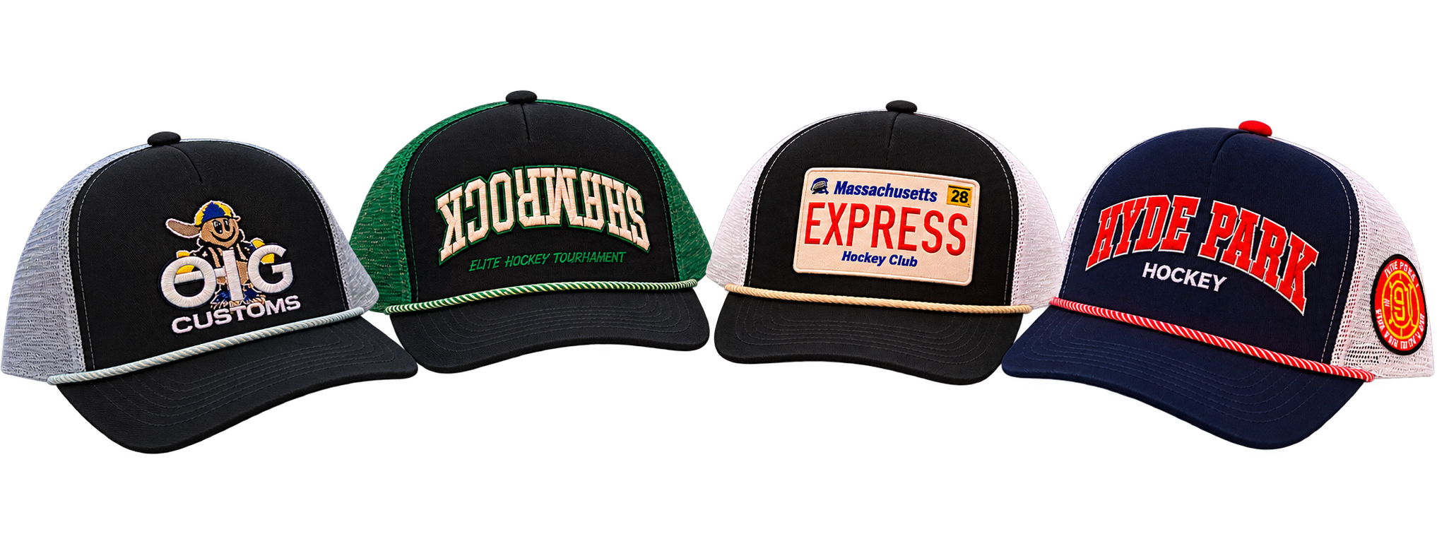 Four custom snapback hats featuring OIG Customs, Shamrocks, Express Hockey Club, and Hyde Park Hockey designs on a white background