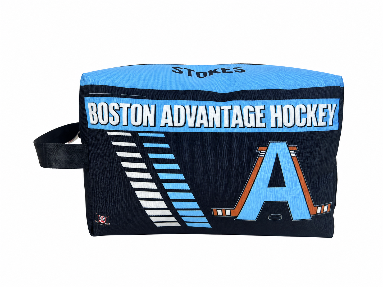 Navy and light blue Boston Advantage Hockey custom tape bag