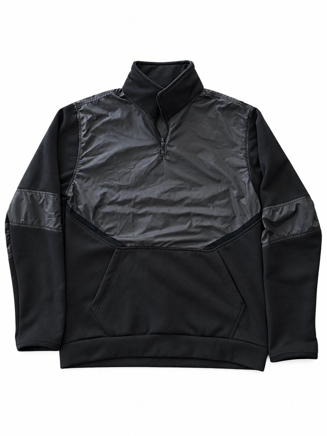 Black pullover team jacket with a stand collar, quarter zip, contrast fabric panels, and front pocket on a white background