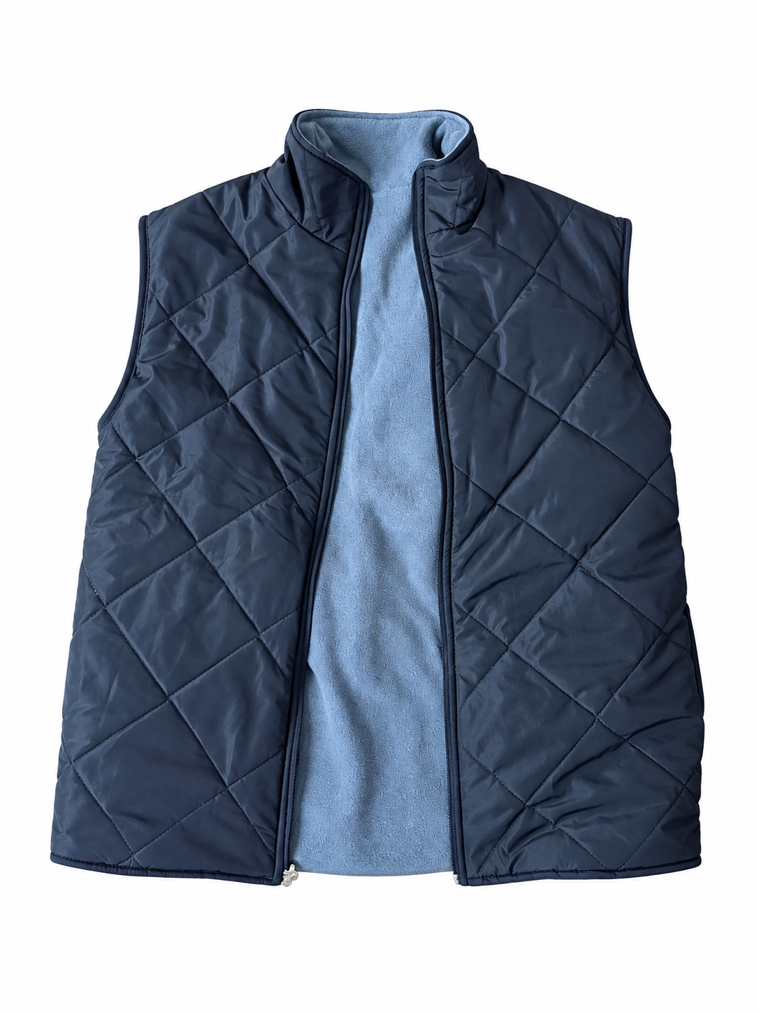 Open navy quilted vest with visible blue-gray lining on a white background