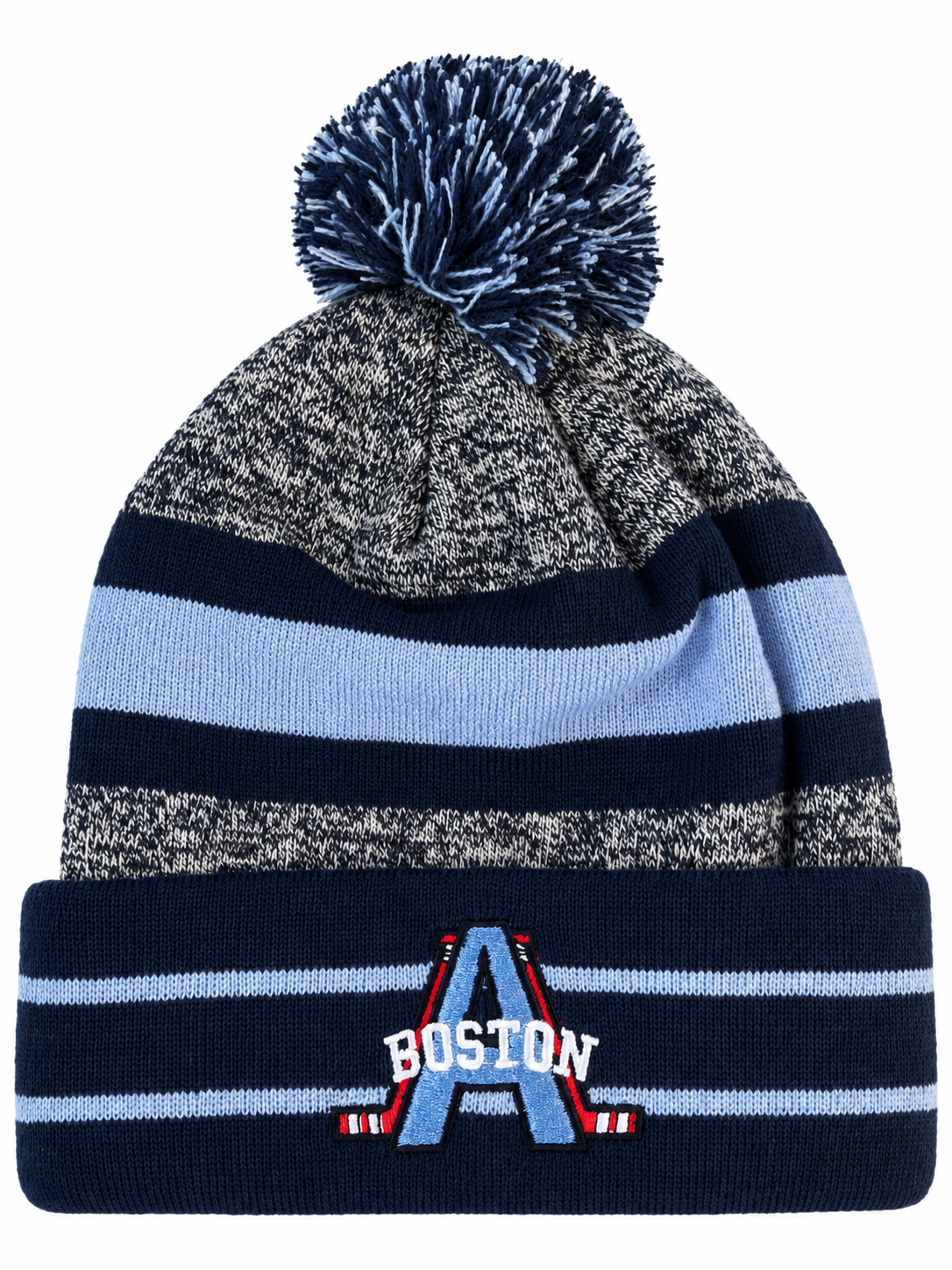 Navy and light blue Boston knit winter hat with a pom-pom and embroidered team crest on a white background