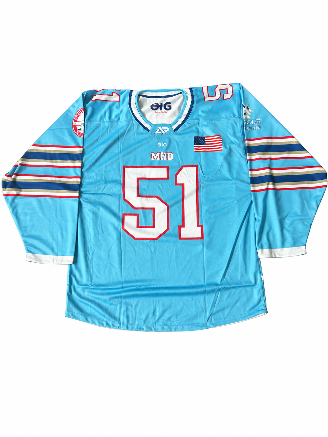 Light blue side of MHD number 51 reversible hockey jersey