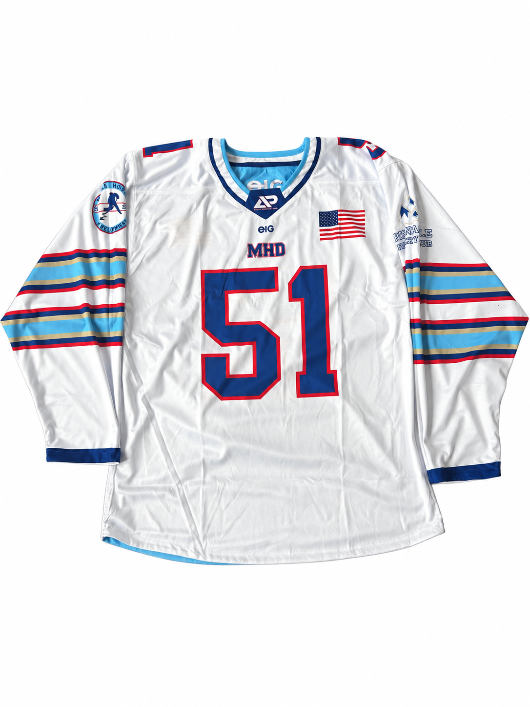 White side of MHD number 51 reversible hockey jersey
