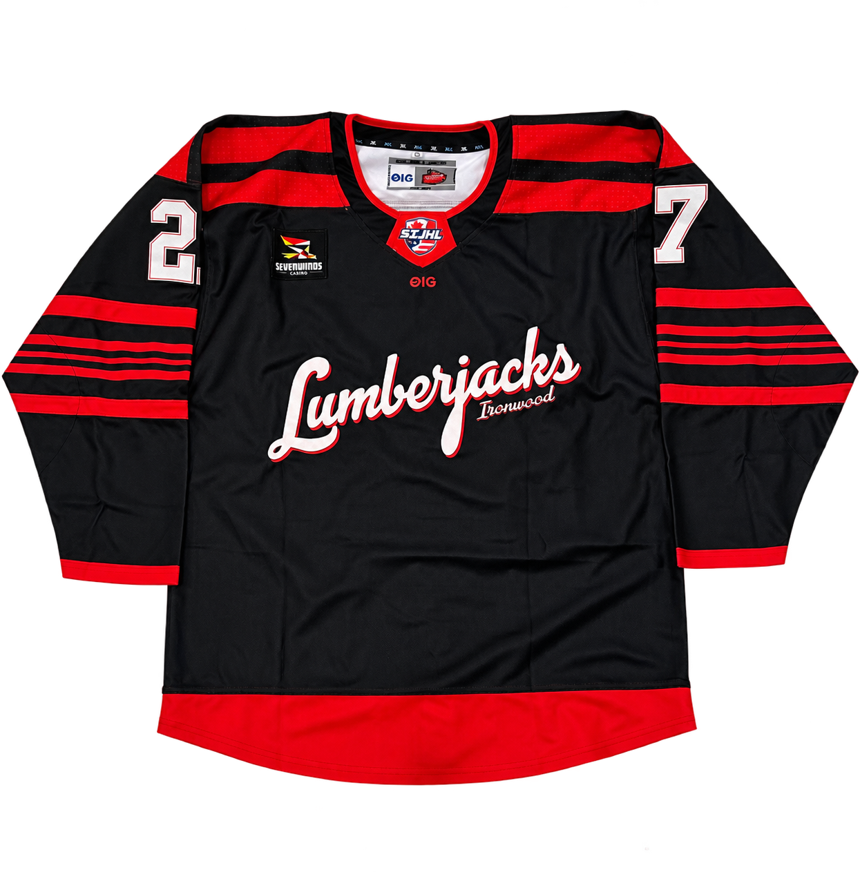 Black and red Ironwood Lumberjacks twill hockey jersey with white lettering